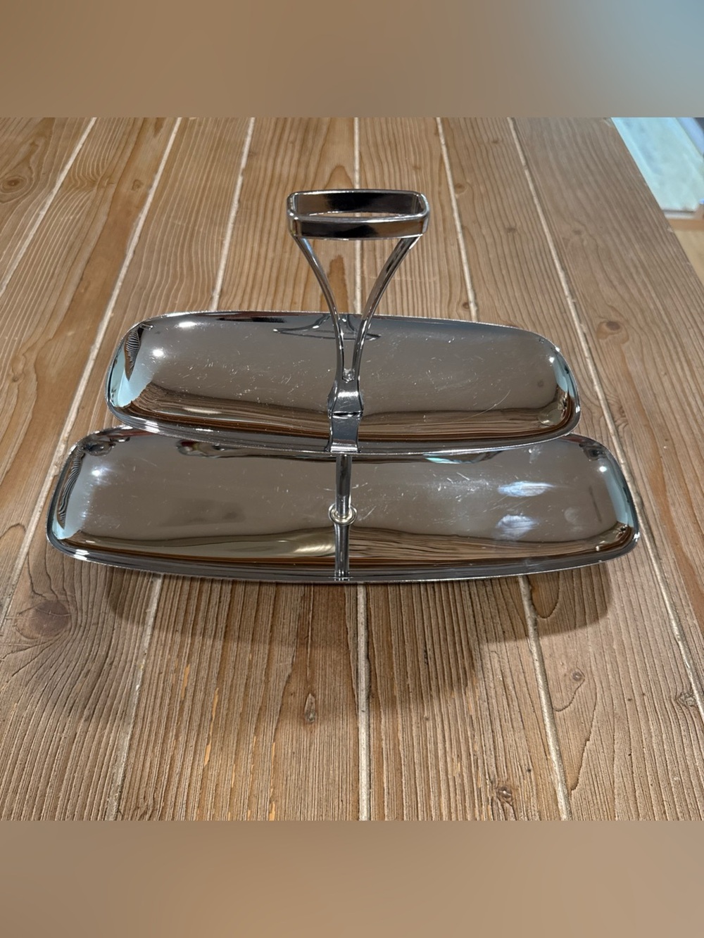 Vintage Milbern Creations 2 Tier Chrome Serving Tray MCM Wood Base Tidbit Stand